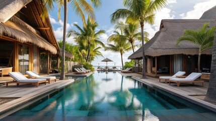 Fototapeta premium Luxurious tropical resort with pool, thatched-roof bungalows, and lounge chairs, surrounded by palm trees, facing a beach and ocean.