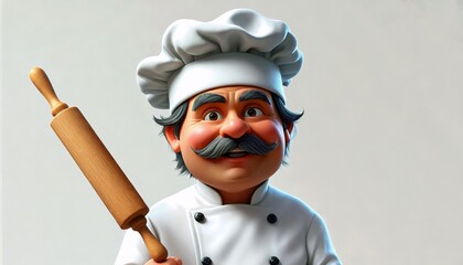 An animated 3D clipart of a happy baker with a rolling pin, dressed in a white chef's coat, against a bright white background.