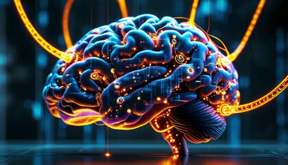 futuristic brain structure with glowing neurons, binary code cascading through, vivid digital and neural network integration