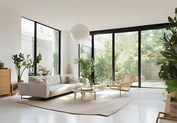 Fototapeta premium Discover the serene beauty of a minimalist living room. With clean lines, neutral colors, and a focus on functionality, this space creates a calm and uncluttered atmosphere. Embrace simplicity and ele