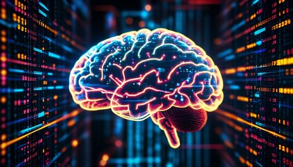virtual brain display, neurons emitting neon light, binary code superimposed, synergy of biological and artificial systems, dynamic tech visuals