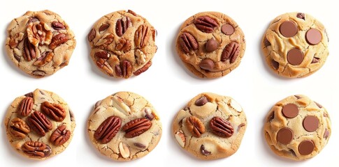 A collection of round cookie biscuits with classic and nut fillings, on a transparent background. PNG file. Many assorted flavors. Mockup template for artwork creation.