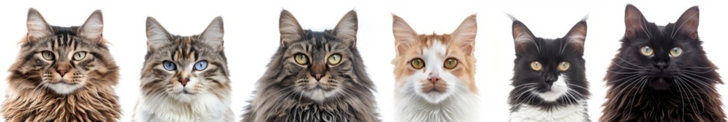 SET OF SIX CAT KITTEN HEAD SHOTS: Tabby, Persian, Sphynx, Siamese, Bombay, Scottish Fold, isolated on transparent background.