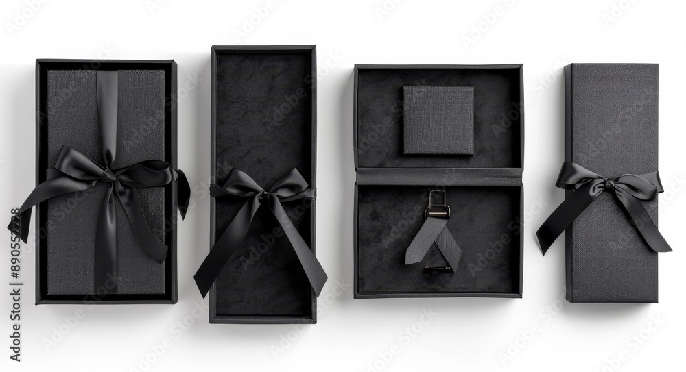 Poster a black gift box with a bow ribbon on a transparent cutout png file. a mockup template for artwork d