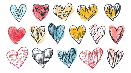 Collection of hand-drawn hearts on a plain white background. Features include basic design with solid colors, bold outlines, and absence of shadows, intricate details, or texture