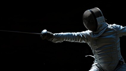 Architect Fencer Performing Attack with Sword Against Opponent, Isolated on Black Background, Side View of Cabin Sport Competition, White Uniforms and Masks, Hyper Realistic Style
