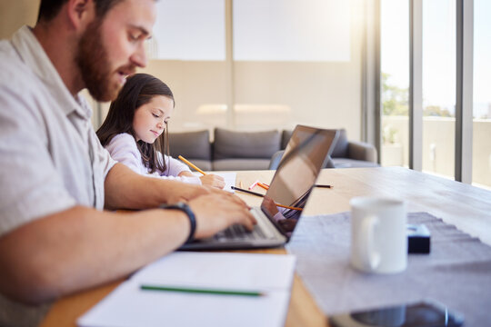 Father, laptop and child drawing at house with remote working, creative learning and research of business project. Man, girl and freelance career on digital with kid studying, art sketch and bonding