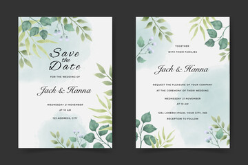 wedding invitation card with watercolor leaf design