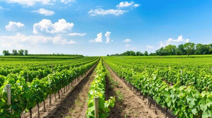Obraz premium A picturesque view of a vineyard in Italy on a sunny day, with rows of grapevines stretching towards a distant hill