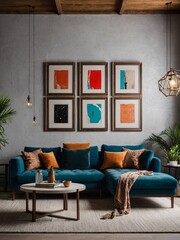 Creative modern living room interior design concept with sofa and decorative photo frames on full wall backdrop