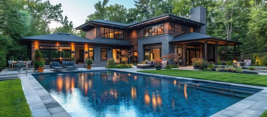 Obraz premium Modern Home with Swimming Pool and Lush Greenery
