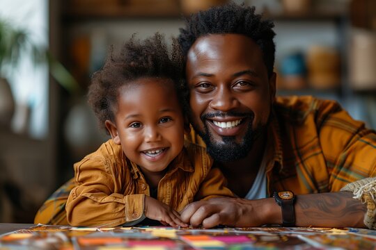 Smiling Father and Son Playing With Colorful Toys in Their Home