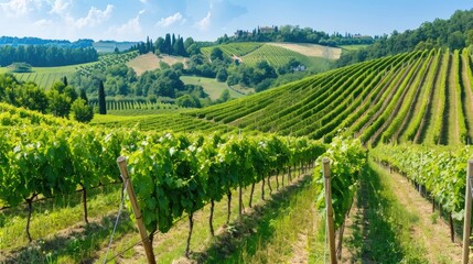 Fototapeta premium A picturesque view of a vineyard in Italy on a sunny day, with rows of grapevines stretching towards a distant hill