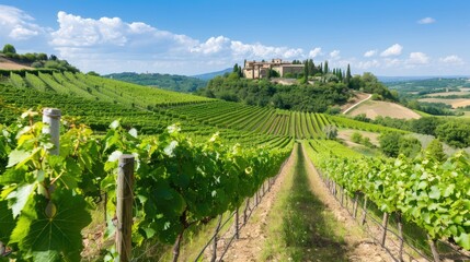 Fototapeta premium A picturesque view of a vineyard in Italy on a sunny day, with rows of grapevines stretching towards a distant hill