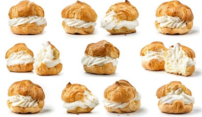 This simple mockup template shows French Cream Puffs, Choux pastry, Choux à la Crème buns on transparent background, with assorted angles, stacks, broken pieces, slices, and piles.