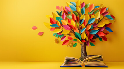 Colorful tree of knowledge made from books and paper leaves on vibrant yellow background, symbolizing literacy and education, education, books, tree, paper leaves, colorful