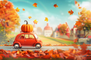 ute red small retro car with an oversized pumpkin on the roof, driving through autumn foliage, orange and yellow leaves flying around. Fall season cozy city . The mood is playful and festive. 
