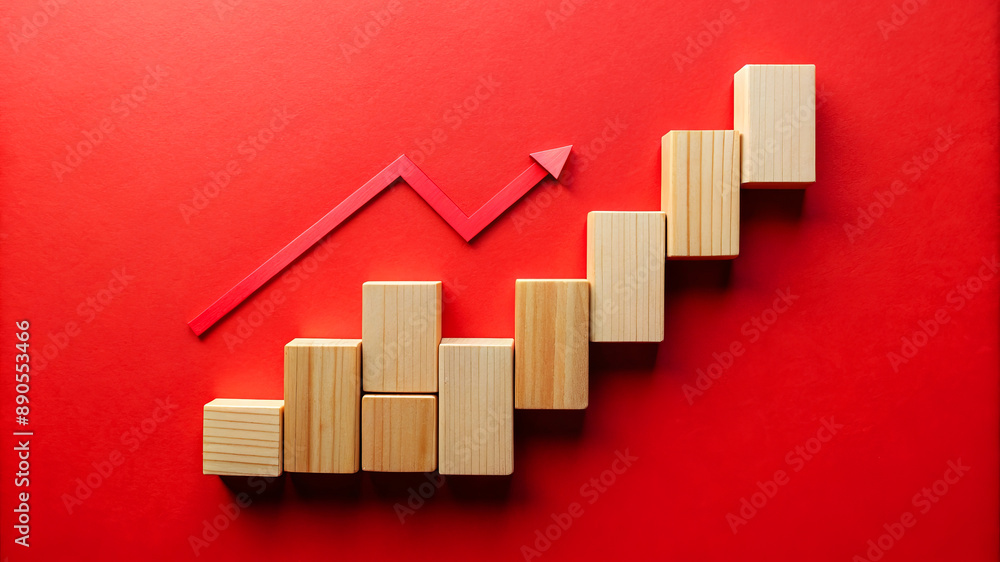 Poster wooden blocks and upward arrow forming a bar chart on a red background symbolizing financial growth.