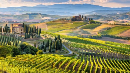 A picturesque view of a vineyard in Italy on a sunny day, with rows of grapevines stretching towards a distant hill