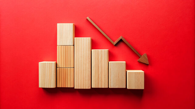 Wooden blocks and downward arrow forming a declining bar chart on a red background representing financial loss.