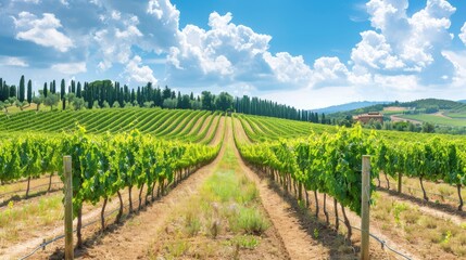 Fototapeta premium A picturesque view of a vineyard in Italy on a sunny day, with rows of grapevines stretching towards a distant hill