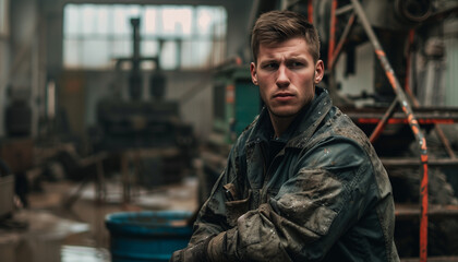 Fototapeta premium Tired man in dirty work clothes in industrial production with industrial machinery in the background.