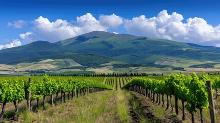 Fototapeta premium A picturesque view of a vineyard in Italy on a sunny day, with rows of grapevines stretching towards a distant hill