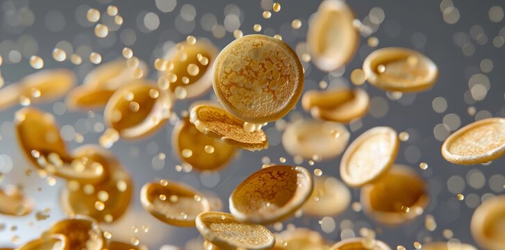 A creative food concept with many pancakes and waffle batter falling on a grey background. Place your copy text here.