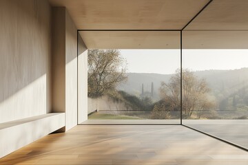 Mock-up 3D rendering of creative interior concept. Abstract white light room with oak wooden floor and light shadow from window.