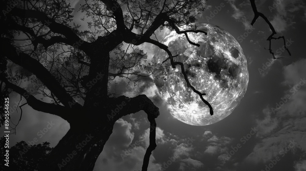 Canvas Prints full moon behind tree branches.