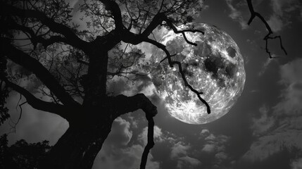 Naklejka premium Full Moon Behind Tree Branches.