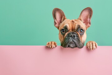 French bulldog dog puppy peeking over pastel bright background. Advertisement, banner, card. Copyspace. Birthday party invite.