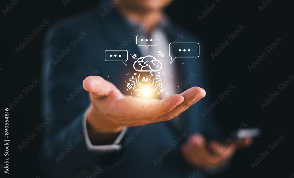 Poster ai chat, artificial intelligence network communication concept. businessman use website on smartphon