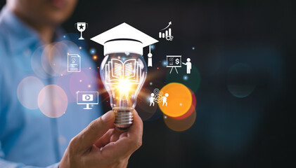 Education knowledge, Elearning graduate certificate program concept. Man hold book icon in...