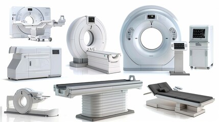 Medical Equipment Set - CT Scanner, Examination Table, and Monitor.