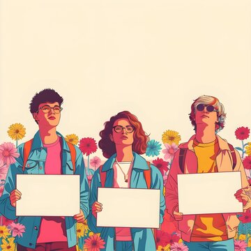 Transgender Activists: Individuals holding signs advocating for transgender rights and visibility, surrounded by supportive flowers, soft and smooth colour, pride festival, reality illustration.