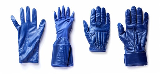 2 Sets of dark light blue turquoise leather hand gloves, front back, and flat lay view. Mockup template for artwork design.