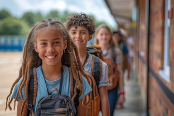 Fototapeta premium Smiling Girl With Dreadlocks Wearing Backpack In Line At School