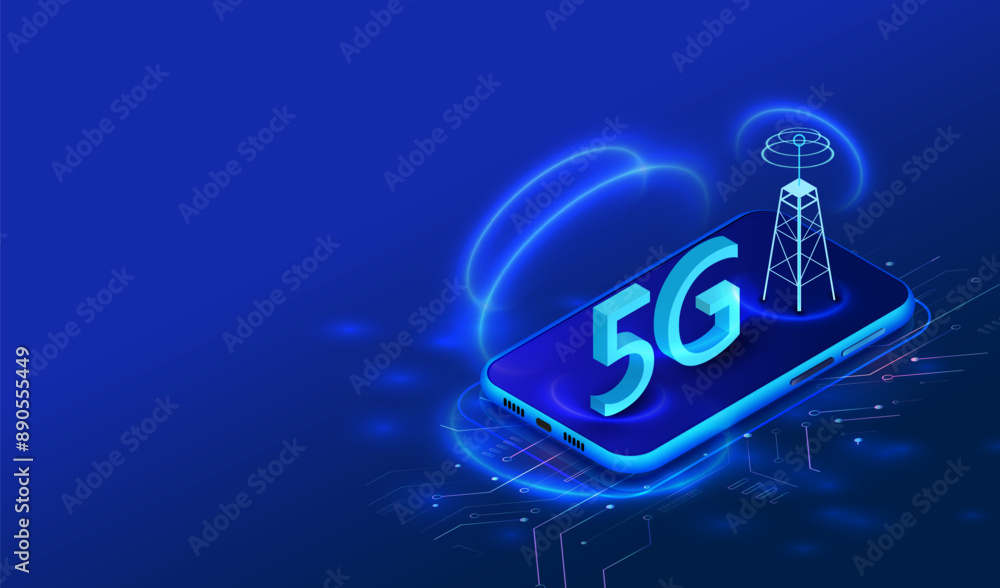 Poster 5g internet network communication with mobile phone and tower wireless hi-speed on circuit board iso