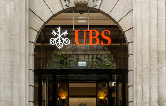 Zurich, Switzerland - July 17, 2024 : sign and logo of a local branch of UBS (Union Bank Switzerland) on a old buiding in Bahnhofstrasse 