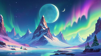 Landscape view from north pole with aurora and moon on background