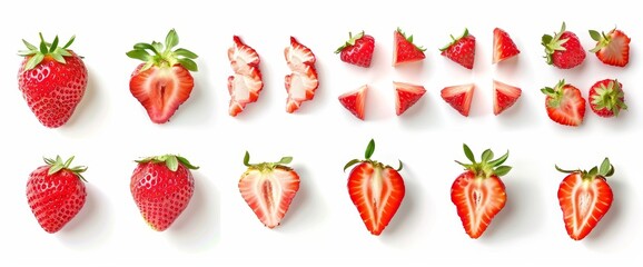 An illustration of strawberry strawberries sliced in half and isolated on a transparent background cutout, in PNG format. This would make a great template for graphic design artwork.