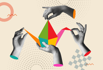 Human hands creating origami bird in retro collage vector illustration