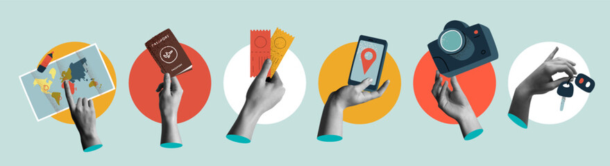 Human hands holding tourist travel elements in retro collage vector illustration set