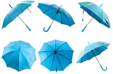 Several different angles of a dark light blue turquoise canopy umbrella parasol brolly, on a transparent cutout PNG file. Mockup template for artwork design.