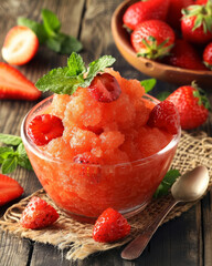 Tempting strawberry dessert beautifully presented on a quaint rustic wooden table