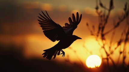 Bird Silhouette Flying Towards Sunset.