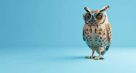 Imaginative animal concept. Bird in sunglasses with a shade on solid pastel background, editorial advertisement, surreal surrealism.