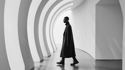 Naklejka premium Man in Avant-Garde Structured Coat in Modern Architecture