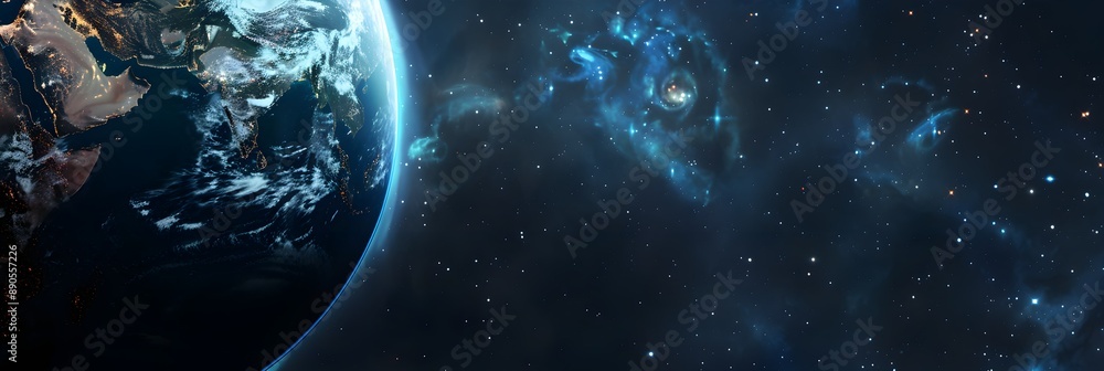 Wall mural an image showing earth from space with a starry cosmos background, illustrating a space exploration 